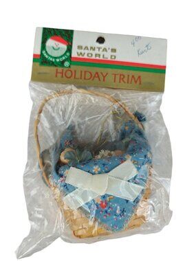Vintage Kurt S. Adler Wicker Basket Ornament Floral Pattern Fabric Accents Blue